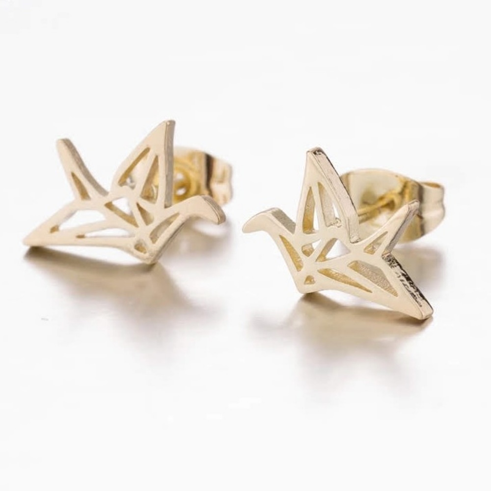 Silver Stainless Steel Origami Paper Crane Laser Cut Stud Earrings - Brand New! - Picture 3 of 8